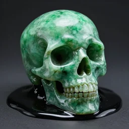 green gemstone skull sculpture in black slime, shiny, photography, photorealism, digital art