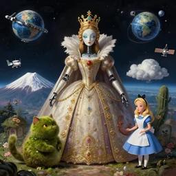 On the morning of the robot queen's coronation, The Mekanik Doll, chubby moss kitten, Mount Fuji seen from the International Space Station, the theme of Alice in Wonderland, digital painting, concept art, illustration, deep dark, artstation, intricate, beautiful and thematically complex, ue5, by Dylan Kowalski and deiv calviz