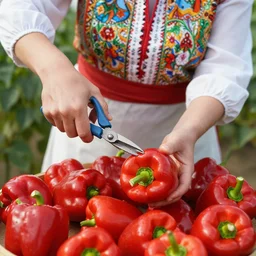 a hungarian paprika maker in a field full of red bell peppers, picking bell peppers with scissor hands, hugarian painting