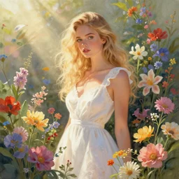 blonde haired woman wearing white dress surrounded by flowers of many colors, sunlight beams, drawn by WLOP, trending on artstation, ultra detailed, 8K,