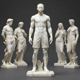 a statue made of white marble with gold veins, of steph curry with strong legs, transhumanism, full body shot, perfect symmetrical body, perfect symmetrical face, hyper realistic, hyper detailed, by johannen voss, by peter kemp, by monia merlo, by michelangelo, by ernst haeckel, by alex grey, octane render, blender, 8 k