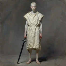 fantasy painting of a pale man with a black blade, full body, clothed, painted by Bayard Wu, ultra detailed, 8k