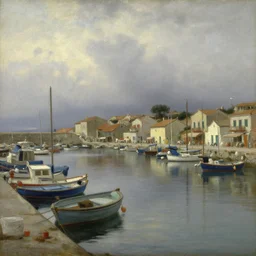 scenic view of a Mediterranean small harbor, overcast dawn, painting by thomas cole craig mullins thomas kinkade