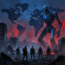 resistance fighters, the terrible fate of the world after nuclear war, ruined cities, ai robot tendril remnants, biomachine war against humanity, beksinski, giger, machine entity, blue red contrast, ambient art wallpaper popular on artstation