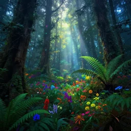 photograph of a dense mystic forest, colored flowers, mystic hues, breathtaking lights shining, psychedelic fern, tyndall effect, lantern fly, dense forest, foggy, 4k, Acid Pixie, by thomas kinkade