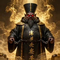 orient dressed in black robes and high hats, robes with golden characters, fat, fierce - looking, devilish, eyes, big red eyes, shackles in his hands, surrounded by this fine golden smoke octane rendering highly detailed volumetric lighting