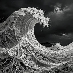 a gigantic wave, made of intricate decorative lace leaf skeleton, in the style of the dutch masters and gregory crewdson, dark and moody