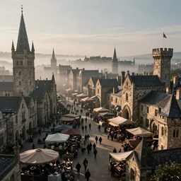 a photo of a sprawling, medieval market in a huge city of large stonebuildings, tall towers and spires. Early morning, low hanging mist. Low camera angle. Wide lens.