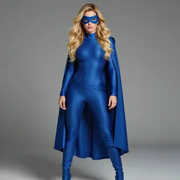 a full figure of a beautiful woman with very long blonde hair, wearing a blue super hero mask, a fully covering blue super hero costume with boots and a cape, high quality, by magali villeneuve and brom and artgerm and donato giancola