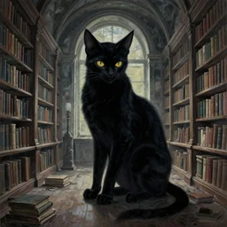 eldritch monster shadow cat in an old library, abandoned library, remedios varo painting, liminal place