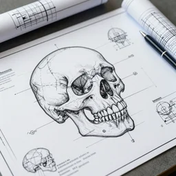 an engineering sketch diagram of a skull, blueprints, diagram, user manual, sketch, engineering design
