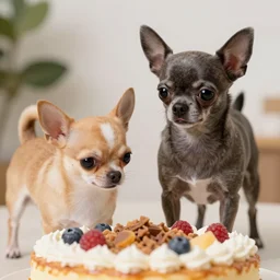 one small, light brown chihuahua with a white diamond on her forehead, and a slightly bigger, dark grey chihuahua with a slight underbite and a concerned look on his face fencing over food on a dessert island