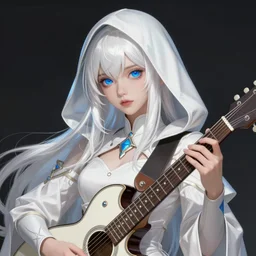 A mysterious girl with hooded cobalt-blue eyes and silky white hair, guitar shape build, her wardrobe is attractive, fantasy art, in the style of Fernando Juarez, illustration, epic art, fantasy, intricate, elgant, amazing detail, digital painting, artstation, concept art, smooth, sharp focus