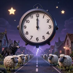 clock floating in the sky striking 1 2, evil wolf in town square, sheep on a road with claws, stars with teeth in the sky, midnight scene, detailed, 3 d, intricate details, gothic, by vincent di fate, artgerm, smooth gradients, octane render, 8 k, volumetric lightning, high contrast, depth of field