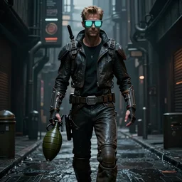 a detailed full bodied matte portrait of an extremely handsome jensen ackles as the terminator walking down a dark alley of a futuristic dystopian cyberpunk city, holding a milkor mgl grenade launcher, wearing glowing neon slotted and shuttered 1 9 8 0 s glasses!!!!, aetherpunk, masterpiece, 8 k, art by greg rutkowski and albert bierstadt and arthur rackham and alphones mucha