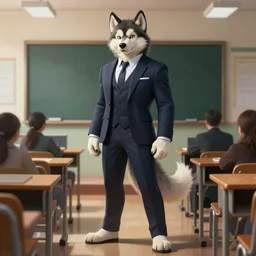 full body photograph of a male anthropomorphic alskan malamute fursona wearing a nice suit in a school classroom, deep focus, intricate, elegant, highly detailed, digital painting, artstation, concept art, matte, sharp focus, illustration, d & d, fantasy, hearthstone, art by artgerm and greg rutkowski and alphonse mucha