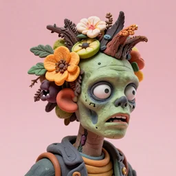 portrait headshot of a zombie punk, head made of fruit and flowers in the style of arcimboldo, frank frazetta, photorealistic, dynamic lighting, action figure, clay sculpture, claymation, fine detail, soft pink background