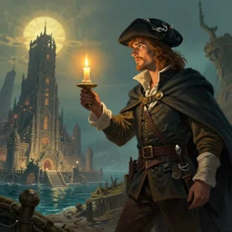 concept art of a swashbuckler holding a candle discovering a sunken city, wearing a cape, wearing a night cap, highly detailed, digital art, illustration, artstation, very detailed, 4 k