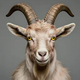 headshot of satyr looking angry ellen degeneres with yellow goat like eyes, goat horns, and large goat ears, studio lighting, 8 k, photo shoot, 9 inch kershaw soft focus lens f / 5. 6
