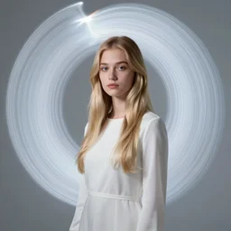 photo portrait one face  of a young woman with long blond hair dressed in long white, fine art photography light painting in style of Paolo Roversi, volumetric lighting, dark background, hyper realistic photography, fashion magazine style