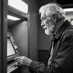 B&W photo of an old man looking for help as his hand is stuck in an ATM