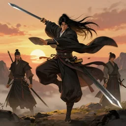male warrior with greatsword dancing in the wind, majestic attire, kimono, long black hair, art by artgerm, greg rutkowski, inoue takehiko, fromsoftware concept art, dark souls, oriental aesthetic, chinese warrior from warring states period, mountain environment on sunset art