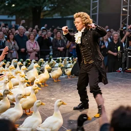 wolfgang amadeus mozart performing a rap concert in front of ducks, the crowd are ducks, he is wearing clothes like money boy, he ha swag, the groupies are waiting in a queue to get their turn
