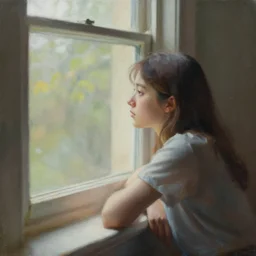 a girl pensively looking out the window, painting by jeffrey smith