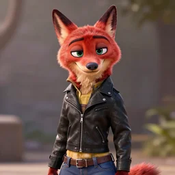 upper body shot, anthropomorphic female wolf with red fur, wearing a black leather jacket and denim pants, detailed, unreal engine 5, artstation, in the style of zootopia