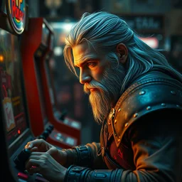 5 5 mm portrait photo of geralt playing puzzle bubble at the arcade machines. 8 0 s atmosphere. art by greg rutkowski. highly detailed 8 k. intricate. lifelike. soft light. nikon d 8 5 0.