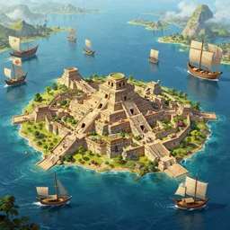 an aztec city in a island lake, being attacked and surrounded by 15th century ships, ultra detailed, high quality, artstation award winner, digital painting, 8k, vibrant, ultra detailed water