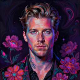 portrait of jensen ackles, hyper detailed masterpiece, neon floral pattern, jean giraud, digital art painting, darkwave goth aesthetic, psychedelic, artgerm, donato giancola and tom bagshaw