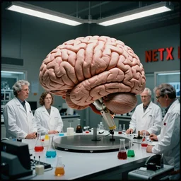 scientists in laboratory, giant human brain, by donato giancola and greg rutkowski and wayne barlow and zdzisław beksinski, netflix logo, military base, colored gels, studio photography, 3 5 mm film look