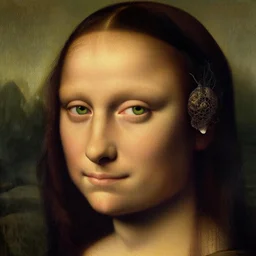 portrait of a young woman with starry green eyes, small lips, freckled, tall forehead, slanted eyes, large bulbous nose, high cheekbones, unibrow, topknot, lace. conch. painting by leonardo da vinci