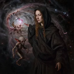 a closeup portrait of a cloaked woman floating next to a goblin nebula, goblin nebula, by jan van eyck