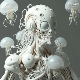 baroque albino robot, by iris van herpen, inflateble shapes, wires, tubes, veins, jellyfish, white biomechanical details, epic bionic cyborg implants, masterpiece, intricate, biopunk, vogue, highly detailed, artstation, concept art, cyberpunk, octane render, cell shading