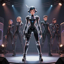 cartoon character design by artgerm, cushart krenz, zeronis, donato giancola and greg rutkowski. sci - fi weapon. black tape project show attctive showgirl!! full body with future head set!! sharp edge. ultra clear detailed. contour light effect!! 8 k. stage light. octane render.