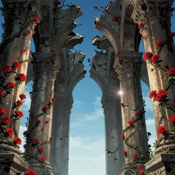 comic artwork cover by rembrandt of broken arches leading to the pillars of eternity draped with red flowers and vines, blue sky, lens flare, a sense of mystery, cinematic, ultra detailed, intricate, sharp focus, trending on artstation, 8K
