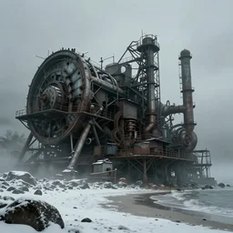 massive mechanical structure industrial building on a rocky snowy beach, horror vibes, matte painting, foggy, matte painting