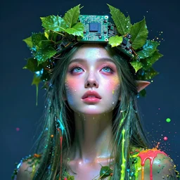 a glowing, dewy cyberpunk druid wearing a crown of leaves and circuit boards, looking upwards, spotlight, paint drips, paint splatter, vibrant colors, beautiful eyes, by marco paludet and gianni strino and marion bolognesi