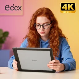 a professional photo of ginger girl in glasses experiences her new e - ink tablet sitting behind a table, professional photo, iphone photo, vibrant colors, 4 k