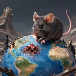 an evil furry mouse hunting down and eating humans on a burned planet earth