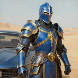 blue knight with gold accents, desert, next to car, painting, detailed, realistic, complimentary colors, light, by richard doyle, by robert hagan, by tim hildebrandt, artstation, cinematic, dramatic lighting, close up, intricate design