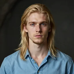 digital oil portrait of a skinny european male, longer blond hair, light stubble beard, wearing a light blue shirt, blue eyes, rugged, teenage, fantasy, wizard, trending artstation, relaxed neutral expression, dark lighting, high detail