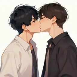 2 guys kissing each other one is slightly shorter than the other. digital art, trending on art station, anime.