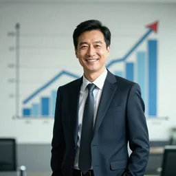 cinematic portrait a happy businessman and behind it is a graph with high returns
