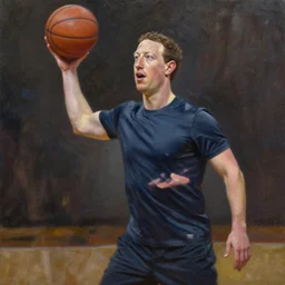 Oil painting with dramatic lighting of Mark Zuckerberg losing at basketball
