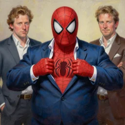 a highly detailed painterly painting of chubby peter parker trying to put on his suit, by james gurney, greg rutkowski, by craig mullins