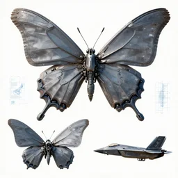 cyberpunk butterfly with wings spread, gunmetal grey, very symmetrical, orthographic view, top down view, bottom view, side view, blueprints, mecha, lockheed martin f - 3 5 lightning ii, fighter jet, cybernetic, robotic, highly detailed, artstation, autodesk maya, super realistic, unreal engine