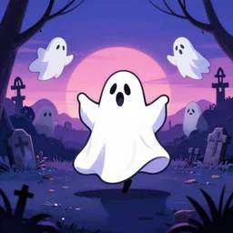 white cartoon ghosts dancing in a graveyard sunset, blues purples pinks, tim burton style